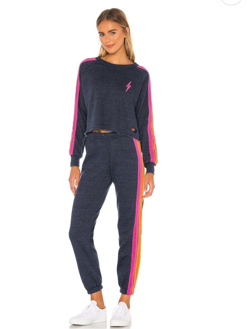 Aviator Nation Women's Navy Lounge Joggers with Pink & Yellow Stripe